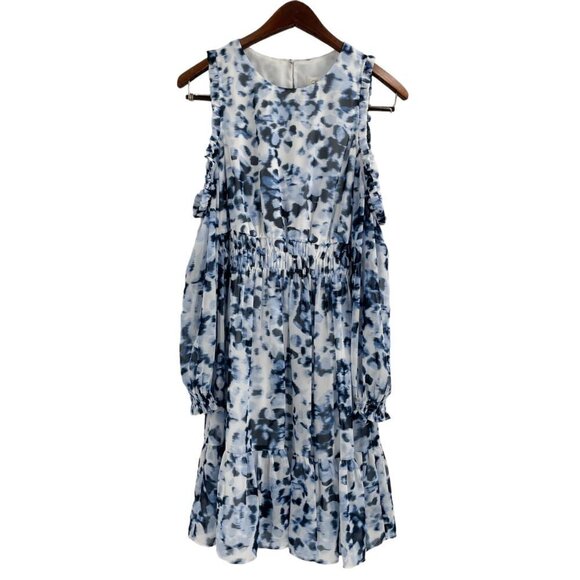 Eliza J Blue Watercolor Animal Print Long Sleeve Cold Shoulder Dress Womens 8 - Picture 2 of 11